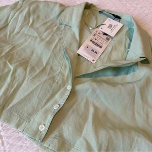 NWT Zara button up crop pastel green shirt blouse